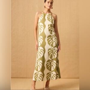 Mon Renn LG Midsummer Green Palm Print Midi Apron Dress Retail 228